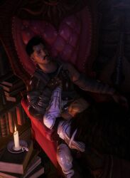 2boys 3d 3d_(artwork) 3d_model armchair armor artist_name artist_website bara beard beauty_mark blonde_hair blowjob book bookshelf candle closed_eyes clothed clothing cullen_rutherford dark-skinned_male dark_hair dark_skin dorian_pavus dragon_age dragon_age_inquisition duo facial_hair fellatio gay gay_blowjob gay_male gay_sex hand_on_chest holding_hand human looking_pleasured mage male male/male male_only male_penetrated male_penetrating male_penetrating_male mole moustache mustache oral oral_penetration oral_sex orgasm_face penetration pleasure_face rainbowrenders sex straight_male video_games yaoi