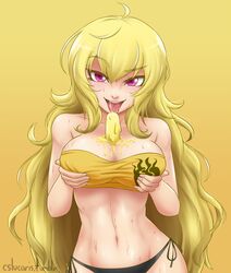 1girls between_breasts blonde_hair breasts cleavage cslucaris female food food_between_breasts fully_clothed ice_cream looking_at_viewer muscle naughty_face navel paizuri paizuri_invitation popsicle rwby sexually_suggestive smile solo sweat sweaty_breasts tagme tongue tongue_out yang_xiao_long