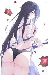 acheron_(honkai:_star_rail) ass bikini_bottom breasts breasts flower hair hair_covering_eye hand_in_panties head_turned infinity_(kkx132) long_hair medium_breasts nipples purple_eyes purple_hair simple_background sword topless white_background