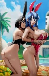 2girls aged_up ass ass_bigger_than_head big_ass big_breasts black_eyes black_hair blue_eyes blue_hair bra_(dragon_ball) bra_briefs breasts bunny_ears bunnysuit dragon_ball dragon_ball_gt fake_animal_ears female female_only female_saiyan huge_ass huge_breasts large_ass large_breasts multiple_girls novasayajingoku pan_(dragon_ball) saiyan yuri