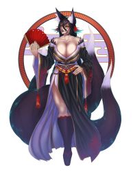 1girls animal_ears big_breasts busty cleavage clothed elegant fan female female_only fox_ears fox_girl huge_breasts kimono large_breasts massive_breasts milf mommy mostly_clothed revealing_clothes standing tail tall urw white_background