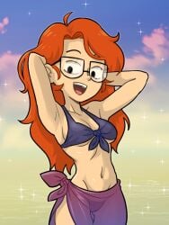 1girl 1girls beach bikini centinel303 female female_only glasses hair_down infinity_train sarong see-through see-through_clothing see_through sheer sheer_legwear solo solo_female solo_focus swimsuit tagme tulip_olsen