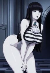 ai_generated black_hair black_lipstick blue_eyes breasts breasts_pressed_together female gothic gothic_architecture kuro_(hero's_journey) leotard pale pale-skinned_female thick_thighs thighs under_the_witch white_skin white_skinned_female