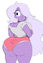 1girl 1girls amethyst_(steven_universe) artist_request back_view cartoon_network female gem_(species) large_ass looking_at_viewer looking_back pink_pants pink_shorts purple_hair purple_skin shorts solo solo_female solo_focus steven_universe tagme tagme_(artist) tight_clothing white_shirt