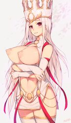 areolae artist_name blush breast_hold breasts breasts_out bridal_gauntlets cowboy_shot crossed_arms crown dress elbow_gloves fate/grand_order fate_(series) female gloves gradient gradient_background highres irisviel_von_einzbern irisviel_von_einzbern_(caster) large_breasts long_hair looking_at_viewer mukka navel nipples open_clothes open_dress parted_lips pink_hair puffy_nipples red_eyes red_ribbon ribbon short_dress side_slit simple_background sleeveless sleeveless_dress smile solo standing thighhighs thighs white_dress white_gloves white_legwear