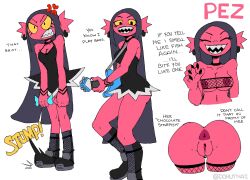 anthro anus ass breasts character_sheet clitoris_piercing dress earrings female female_focus female_only fish fishnets guitar highres mddnaz original original_character pez_(mddnaz) pussy red_skin sharp_teeth solo solo_female solo_focus text vagina yellow_eyes