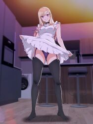 black_choker black_thighhighs blonde_hair blush choker dress earrings female from_below full_body grin gyaru highres indoors jewelry kitagawa_marin lifting_own_clothes long_hair looking_at_viewer panties pink_eyes purple_panties sbel02 shadow smile solo sono_bisque_doll_wa_koi_wo_suru standing thighhighs underwear white_dress