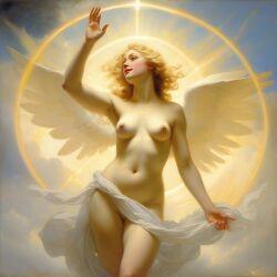 abstract ai_generated angel angel_wings belly blonde_hair blue_eyes breasts cloud curly_hair curvy female flying goddess halo light lips long_hair medium_breasts navel nipples nude presenting realistic sky smile solo william_bouguereau