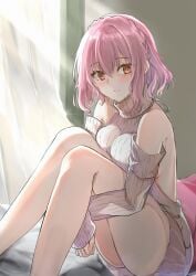 ass bed breasts clothed date_a_live light-skinned_female pink_eyes pink_hair short_hair sonogami_rinne thighs virgin_killer_sweater