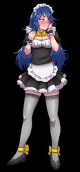 1girls akairiot alternate_costume ankle_ribbon apron black_background blue_eyes blue_hair blush bow breasts choker cleavage embarrassed enmaided female female_only fire_emblem fire_emblem_awakening full_body fully_clothed highres human long_hair lucina_(fire_emblem) maid maid_apron maid_headdress nintendo ribbon simple_background skirt solo super_smash_bros. thighhighs white_legwear wrist_cuffs yellow_bow yellow_ribbon zettai_ryouiki