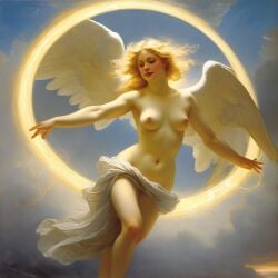 abstract ai_generated angel angel_wings belly blonde_hair blue_eyes breasts cloud curly_hair curvy female flying goddess halo light lips long_hair medium_breasts navel nipples nude presenting realistic sky smile solo william_bouguereau