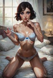 1girls ai_generated barefoot bed bedroom bioshock bioshock_infinite black_hair blue_bra blue_eyes bow bow_panties bra breasts brown_hair collarbone elizabeth_comstock finger_to_mouth indoors kneeling lamp lips looking_at_viewer medium_breasts navel nose on_bed panties parted_lips philon pillow realistic short_hair sitting solo stable_diffusion strap_pull strap_slip underwear underwear_only wariza white_bra white_panties white_underwear window