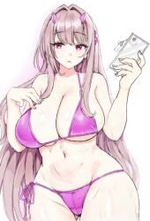 1girls ass_visible_through_thighs bare_shoulders bikini blunt_bangs breasts brown_hair cellphone cleavage cowboy_shot eyebrows_visible_through_hair fake_horns goddess_of_victory:_nikke holding_object huge_breasts long_hair looking_at_viewer lowres nail_polish navel pink_eyes shironoharuka side-tie_bikini simple_background stomach swimsuit viper_(nikke) white_background