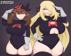 2girls black_leotard blonde_hair brown_hair busty cynthia_(pokemon) drevod enemy_conversion female female_only gloves high_resolution huge_breasts hypnosis large_breasts legwear light-skinned_female light_skin long_hair long_sleeve_leotard long_sleeves looking_at_viewer may_(pokemon) multiple_girls nintendo patreon patreon_logo patreon_url patreon_username pokemon pokemon_dppt pokemon_rse salute team_rocket team_rocket_uniform thighhighs thighs twitter_link twitter_url very_high_resolution very_long_hair wide_hips