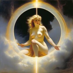 abstract ai_generated belly blonde_hair blue_eyes breasts cloud curly_hair curvy female flying goddess halo lightning lips long_hair medium_breasts navel nipples nude presenting realistic sky smile solo william_bouguereau