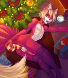 2016 anthro armpits ass balls blonde_hair candy candy_cane candy_cane_insertion christmas christmas_tree clothing erection food fur gift girly hair holidays legwear looking_at_viewer maj male nipples nude peeel penis short_hair solo tongue tree white_fur