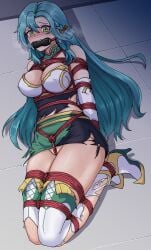 1girls aqua_hair arms_behind_back bare_thighs blue_hair blush bondage boots bound braid breasts captured chloe_(fire_emblem) cleavage covered_nipples crying crying_with_eyes_open defeated earrings ecchinoidea elbow_gloves female female_only femsub fire_emblem fire_emblem_engage gag gloves green_eyes heavy_breathing high_heels large_breasts long_hair nintendo restrained solo sweat thigh_boots thighs torn_clothes very_long_hair