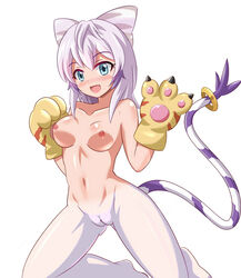 blush cosplay digimon digimon_(species) female gatomon gatomon_(cosplay) gloves heigako nude personification pussy smile tail tailmon uncensored