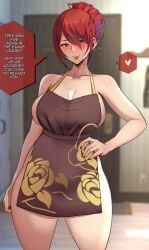 1girl 1girls apron atlus blush breasts brown_apron cleavage cowboy_shot english_text female hair_over_one_eye hand_on_own_hip heart highres indoors kirijou_mitsuru lainart large_breasts light-skinned_female light_skin long_hair looking_at_viewer mitsuru_kirijo naked_apron persona persona_3 red_eyes red_hair red_lips red_nails smile solo speech_bubble spoken_heart standing text tied_hair