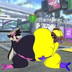 2girls big_ass bodysuit breast_grab breast_to_breast breasts_bigger_than_head callie_(splatoon) casual clothed deep_cut_(splatoon) female female_only frye_(splatoon) grabbing_own_breast huge_breasts hyper_breasts mario_(series) mario_kart multiple_girls nintendo public splatoon splatoon_3 squid_sisters teaset_haliley teasing