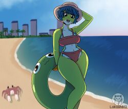 abby_(lakashb12) amphibian amphibian_humanoid animal_humanoid arthropod beach bikini blue_hair breasts building clothing crab crustacean day decapoda female frog_humanoid hair happy hat headgear humanoid lakashb12 lifebelt malacostracan marine_humanoid medium_breasts navel palm_tree plant red_bikini red_clothing red_swimsuit sea seaside slim slim_waist small_waist smile solo swimwear thick_thighs tree water wide_hips