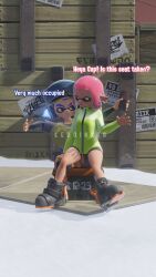 3d agent_3_(splatoon) agent_3_(splatoon_3) agent_4_(splatoon) annoyed blue_hair captain_hat dialogue headphones inkling inkling_boy inkling_girl keroink18 phone pink_hair self_upload sitting_on_lap sitting_on_person splatoon splatoon_2 splatoon_3 teasing text