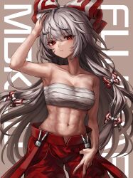 abs absurdres arm_up armpits beige_background bow breasts character_name chest_sarashi commentary cowboy_shot female fujiwara_no_mokou hair_ribbon hairbow hand_on_own_head highres long_hair looking_at_viewer navel no_shirt parted_lips red_eyes ribbon romaji_commentary romaji_text sarashi silver_hair solo suspenders suspenders_hanging tomboy touhou tress_ribbon very_long_hair waramori_fuzuka