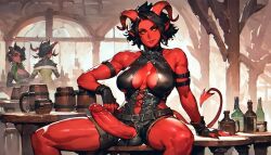 ai_generated black_hair caverns_&_taverns demon demon_girl demon_horns demon_tail futa_only futanari milf muscle_mommy red_skin short_hair solo tavern tiefling tiefling_futa