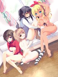 4girls amanagi_seiji ass barefoot bedroom between_legs bikini bikini_pull black_bikini black_hair black_legwear blonde_hair blue_eyes blush breasts brown_hair cabinet clothes_lift collared_shirt crossed_legs cum cum_on_body cum_on_breasts cum_on_floor cum_on_lower_body cum_on_upper_body cumdrip curtains dutch_angle eyebrows_visible_through_hair front-tie_bikini front-tie_top green_eyes hair_between_eyes hair_ribbon half_updo hand_between_legs indoors jacket kneehighs knees_together_feet_apart large_breasts leg_hug light_brown_hair light_smile long_hair long_sleeves looking_at_viewer medium_breasts multiple_girls nipples nude on_bed on_floor open_mouth original ponytail purple_eyes red_ribbon ribbon school_uniform shirt short_hair sitting smile striped striped_legwear sweater sweater_lift sweater_vest swimsuit tan thighhighs thighs tied_hair track_jacket wariza white_legwear white_shirt window wooden_floor yellow_eyes