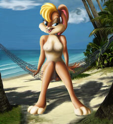 anthro beach blonde_hair blue_eyes breasts female fur hair hammock lagomorph lola_bunny long_ears looking_at_viewer looney_tunes mammal mcdutt nipples nude open_mouth outside pussy rabbit sea seaside sky smile solo tree warner_brothers water