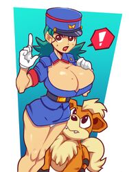 ! 1girls belt black_eyes blue_hair breasts cleavage clothed female gloves growlithe hat huge_breasts human human_only long_hair nintendo officer_jenny_(pokemon) panties pokemon pokemon_(species) skirt squidapple standing upskirt