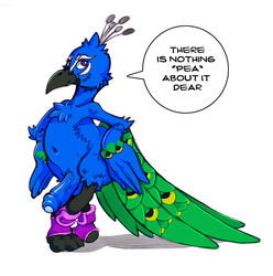 1boy anthro avian balls bird crossed_legs dialogue english_text erection humanoid_penis male male_only mostly_nude navel neokat partially_retracted_foreskin peafowl penis pose solo spats speech_bubble text uncut vein veiny_penis