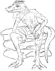 1girls 2016 animal_genitalia anonymous_artist anthro cloaca detailed female female_only flat_chest flat_chested genital_slit headdress horizontal_slit line_art lizardman looking_at_viewer monochrome no_nipples nude pussy scalie sitting slit solo veil