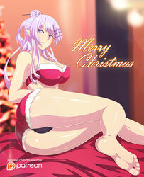 1girls arm_support ass bare_arms bare_legs bare_shoulders barefoot bed black_panties blue-senpai breasts cameltoe christmas christmas_outfit cleavage costume feet female frolaytia_capistrano fur_trim hair_between_eyes hair_bun hair_ornament heavy_object indoors inside large_breasts long_hair looking_at_viewer looking_back lying on_side panties patreon purple_eyes purple_hair santa_costume shiny sitting smile soles solo toes upskirt