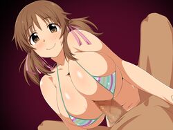 areolae bare_shoulders bikini bikini_top blush breasts brown_eyes brown_hair censored chikuishi clothed_female_nude_male female highres huge_breasts idolmaster idolmaster_cinderella_girls legs looking_at_viewer lying micro_bikini mosaic_censoring nipples paizuri penis pov shiny shiny_skin simple_background smile solo_focus thighs tied_hair totoki_airi twintails