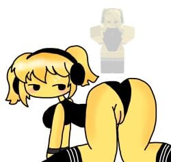 blonde_hair blush bodysuit bodysuit_aside evadelover handcuffs pussy reference_image roblox roblox_avatar robloxian self_upload tagme twintails vaginal_penetration yellow_skin