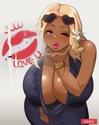 1girls big_breasts big_lips blonde_hair clothed clothing dark-skinned_female dark_skin kim_(muundae) kissing lipstick lipstick_mark looking_at_viewer muundae partially_clothed solo solo_female sunglasses sunglasses_on_head text wink winking_at_viewer