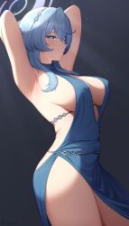 1girls ako_(blue_archive) ako_(dress)_(blue_archive) armpits blue_archive blue_dress blue_eyes blue_hair blush breasts closed_mouth dress female hair_between_eyes halo hands_behind_head large_breasts long_hair sideboob solo thighs yisusjpl