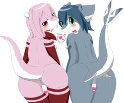 <3_censor anthro ass blush breasts duo female green_eyes hair heart looking_at_viewer looking_back nenenero nude open_mouth presenting presenting_hindquarters pussy simple_background yuri