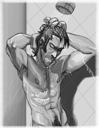 bathing grayscale greyscale happy_trail male_focus male_only monochrome no_visible_genitalia pinup protowilson pubic_hair showering sniper_(team_fortress_2) solo_male team_fortress_2 toned toned_male treasure_trail water_drop