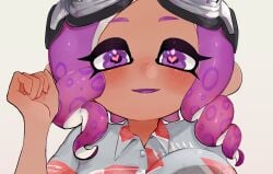 1girls blush breasts button_down_shirt curly_hair doro_mizu_831 goggles goggles_on_head heart-shaped_pupils looking_at_viewer octoling octoling_girl open_mouth purple_eyes purple_hair retro_(unsafegamer) solo solo_female solo_focus splatoon splatoon_(series) tentacle tentacle_hair