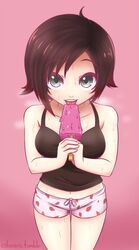 1girls black_hair blue_eyes cheerleader cslucaris cute eye_contact female food ice_cream licking looking_at_viewer midriff navel pajamas popsicle pov ruby_rose rwby sexually_suggestive short_hair silver_eyes sweat teenager tongue tongue_out
