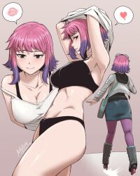 1girls armpits arms_up back_view bare_shoulders black_eyes black_underwear blush clothed female goggles goggles_on_head heart mawit2091 panties pink_hair purple_hair ramona_flowers roller_skates scott_pilgrim short_hair spiral strap_slip two_tone_hair underwear undressing