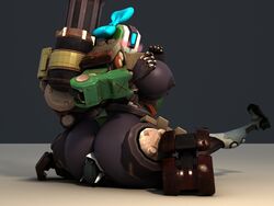 3d ass bastion_(overwatch) big_ass blush bow_tie breasts cyborg facesitting female genji gun highres huge_ass huge_breasts large_breasts living_machine looking_at_viewer looking_back machine nipples nude omnic overwatch ranged_weapon robot thick_thighs weapon