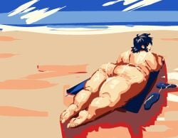 ass barefoot beach beach_towel big_ass cum cum_on_body fat fat_ass feet female homestuck june_egbert juneylewds looking_back nude on_stomach sandals seaside soles toes