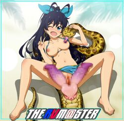 animal_genitalia animal_penis big_breasts bikini black_hair blue_eyes breasts censored clothing diphallia diphallism erection female feral ganaha_hibiki hair hemipenes hibiki_ganaha human idolmaster idolmaster_(classic) male mammal multi_penis one_eye_closed penis pose presenting pussy reptile scalie snake spread_legs spreading swimsuit the_idolm@ster tongue tongue_out toyomaru zoophilia