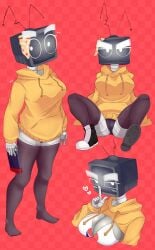 alviery_art annoyed_expression big_breasts blush bra el_ultimo_tvnauta hearts_around_head metal_skin nintendo_switch orange_sweater pepsi perfectos_desconocidos pizza red_background robot rule_63 shoes stockings tv_head wide_hips