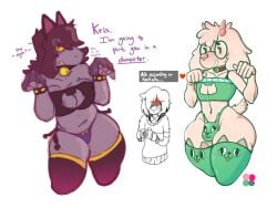 annoyed anthro buffysaintfury cat_lingerie deltarune dialogue female heart kris_(deltarune) male ralsei studentsmut susie_(deltarune)