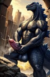 ai_generated black_body both_hands_on_cock cum cumming godzilla holding_penis male muscular red_eyes