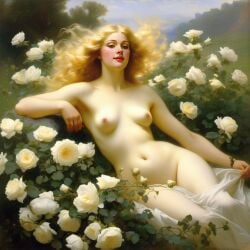 ai_generated belly blonde_hair blue_eyes breasts curly_hair curvy female flower flowers lips long_hair medium_breasts navel nipples nude presenting realistic rose_(flower) smile solo white_rose william_bouguereau